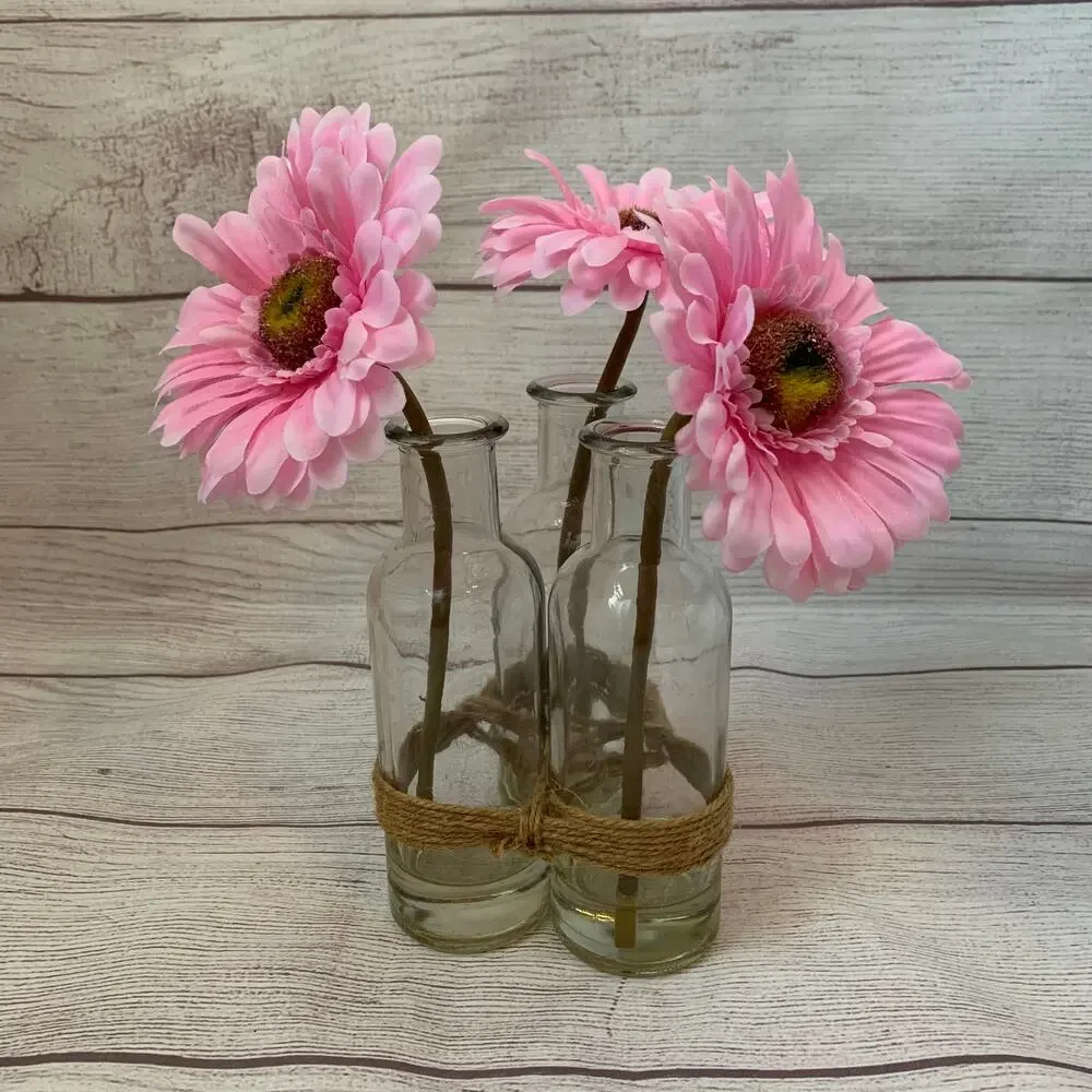 Artificial Pink Gerbera Daisies in Bottles and Twine String Faux Glued Water 9